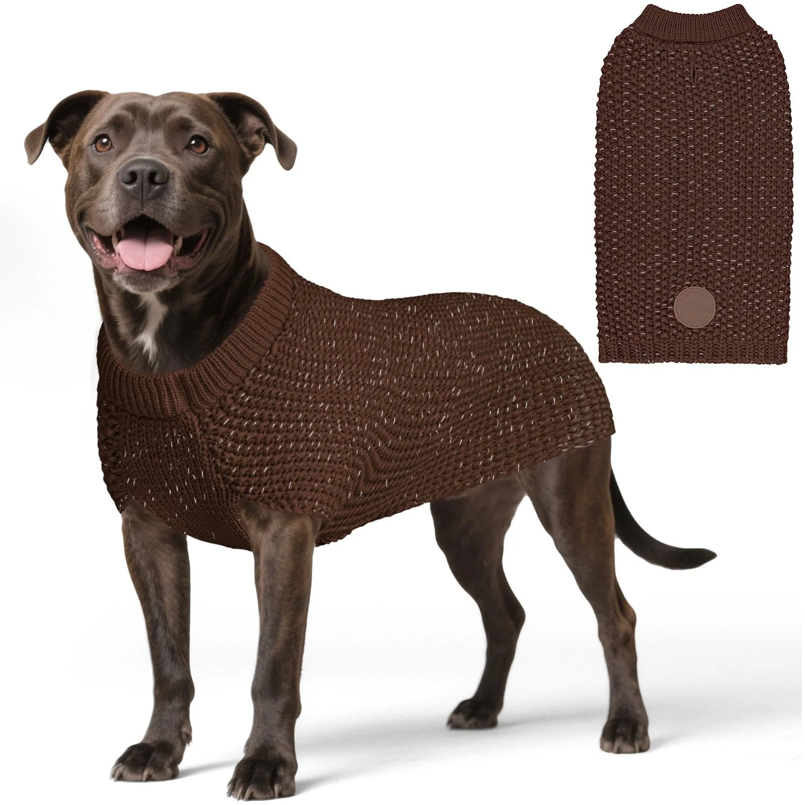 Unique KYEESE Dog Sweater with Leash Hole — Reflective Warm Knitwear in Khaki Optimized