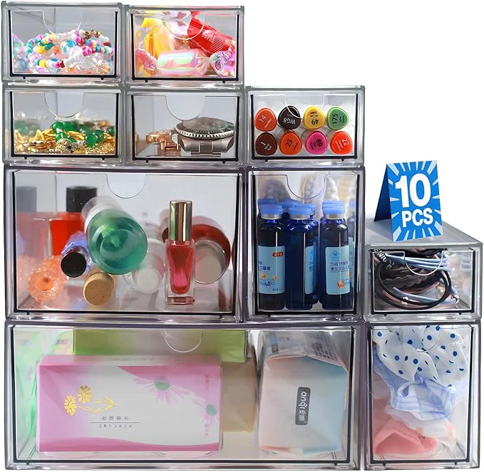Fashionable 10 Pack Acrylic Makeup Organizer Clear Stackable Desk Organizers Dustproof Drawer for Make Up Jewelry Pen StationaryAbout ThisOverview Selected