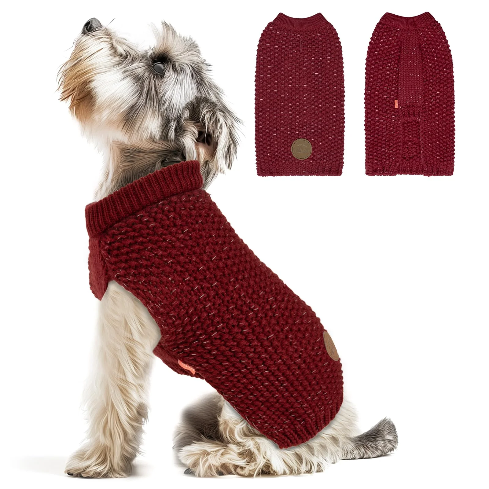 Advanced KYEESE Dog Sweater with Leash Hole – Reflective Thick Knit Dark Red X-Small Crafted
