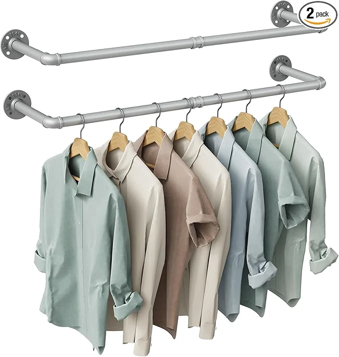 Powerful OROPY Industrial Pipe Clothes Rack Wall Mounted Set of 2 38.4 inches Heavy Duty Iron Pipe Clothing Garment Rail Multi-Purpose Clothing Hanging Rod for Laundry Room and Closet Storage Silver GrayAbout ThisOverview Top-Quality