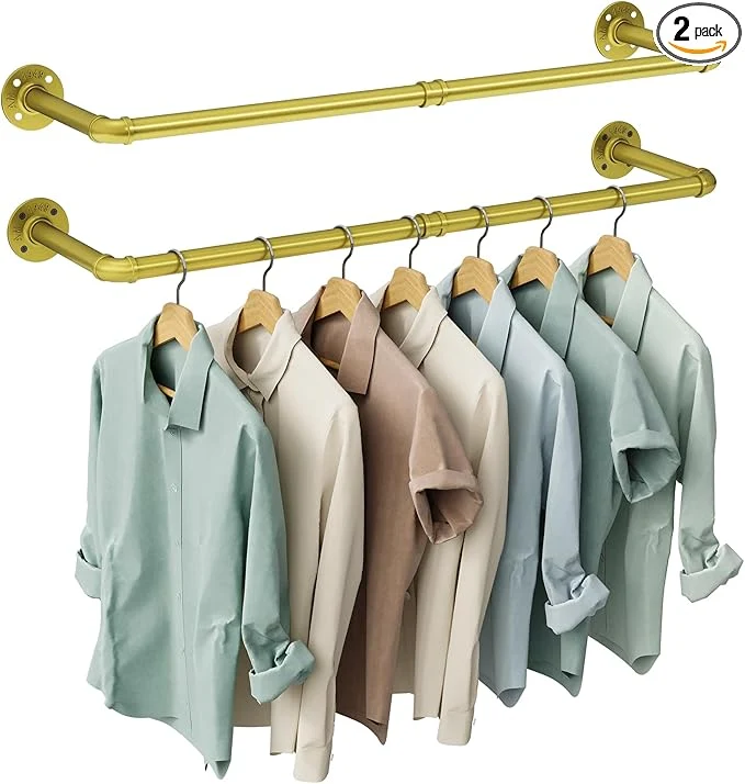 Innovative OROPY Industrial Pipe Clothes Rack Wall Mounted Set of 2 38.4 inches Heavy Duty Iron Pipe Clothing Garment Rail Multi-Purpose Clothing Hanging Rod for Laundry Room and Closet Storage GoldAbout ThisOverview Smart