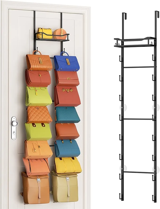 Stylish SWTYMIKI Over The Door Purse Organizer – Wall Mounted Purse Rack with 16 Hooks and Metal Basket Handbag Hanger Organizer Holds up to 16 Bags Bag Rack Can Use As 1 2 Part for Door ClosetAbout ThisOverview Expertly Made