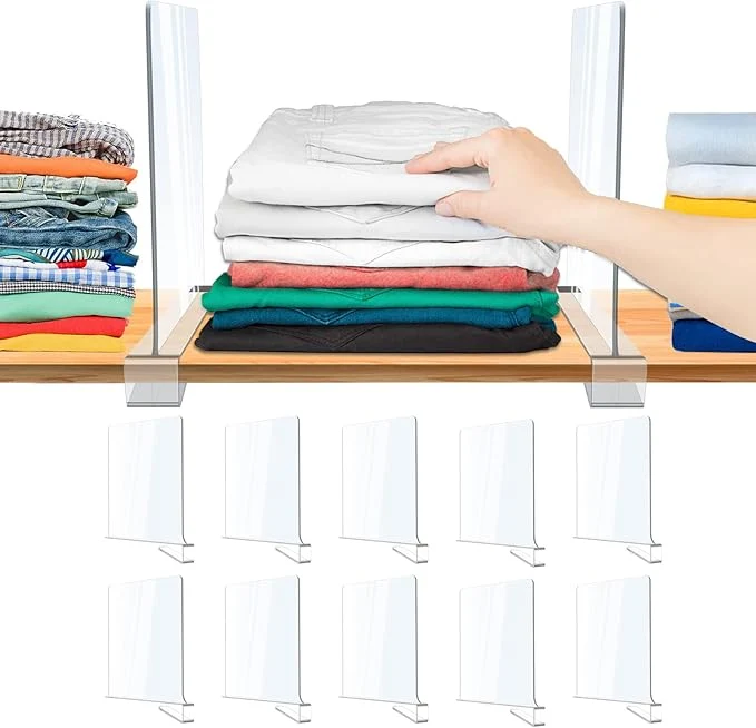 Reusable 10 Pack Acrylic Shelf Dividers Clear Shelf Divider for Closet Organization Closet Shelf Separators for Clothes Purses Wood Shelves Organizers in Bedroom Kitchen Office Cabinets Bathroom StorageAbout This Modern