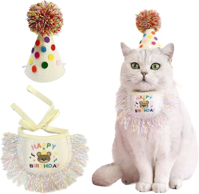 Reliable Cat Birthday Bandana Scarf and Party Hat Cute Tassels Bib Scarf and Birthday Healthy