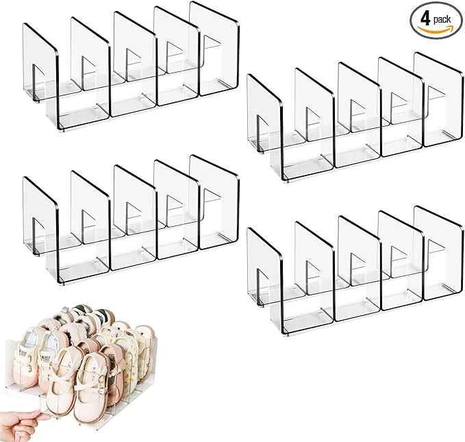 Trendy Transparent Acrylic Kids Shoe Rack Small Shoe Rack Baby Shoe Organizer Kids Shoe Organizer with 4 Sections Stackable Shelves for Closet Storage Space-Saving 4 PackAbout ThisOverview Unique