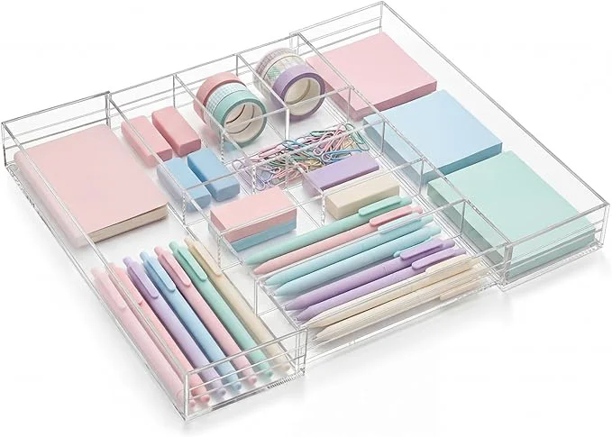 Contemporary 1 Pcs Acrylic Desk Drawer Organizer 2 Inch Height Expandable Drawer Organizer Trays with 9 Adjustable Compartments Desk Accessories for Makeup Silverware Office Bathroom Clear About ThisOverview Unique