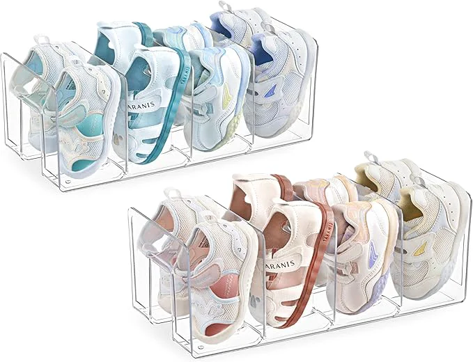 Elite HBlife Clear Acrylic Kids Shoe Rack for Closet Organizers and Storage Small Shoe Rack 4 Sections Toddler Baby Shoe Storage Organizer Stackable Shoe Shelf Desk File Sorter Book Purse Organizer 2 Pack About ThisOverview Next-Generation