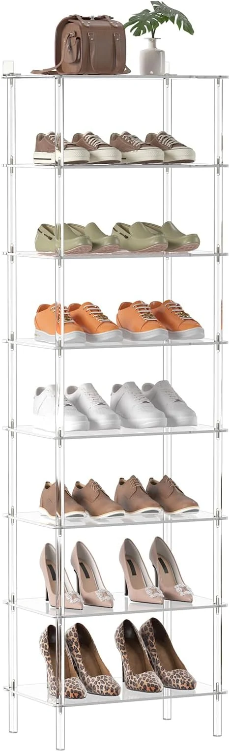 Advanced Aquiver Acrylic 8 Tiers Tall Shoe Rack – Shoe Organizer for Entryway – Narrow Shoe Storage Shelf Clear Shoes Rack for Closet Store 16-20 Pairs of Shoes 18.1” L x 11.8” W x 61” H Easily CleanAbout ThisOverview Long-Lasting