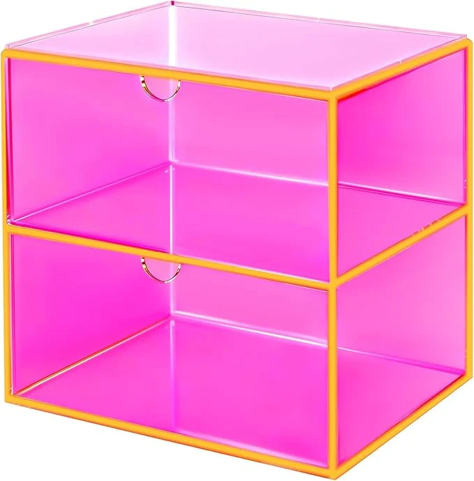 High-End Acrylic Desk Organizer with Drawers Stackable Makeup Organizer for Vanity Office Countertop Cosmetic Display Cases Makeup Storage Box Neon PinkAbout ThisOverview Efficient