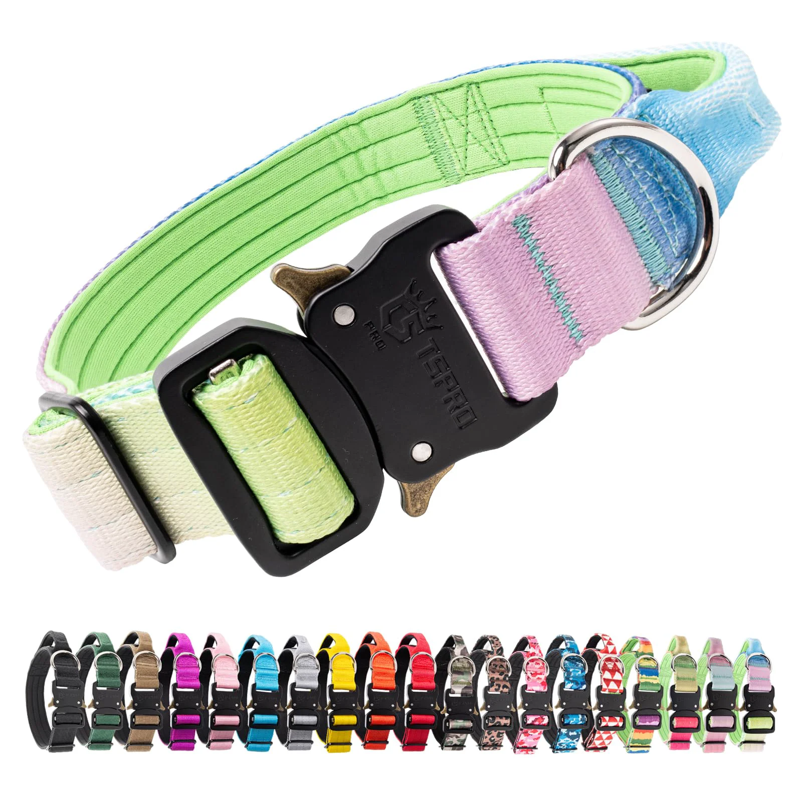 Detailed TSPRO Premium Tactical Dog Collar with Handle – Gradient Rainbow Quick-Release Buckle Adjustable M-L Trendy