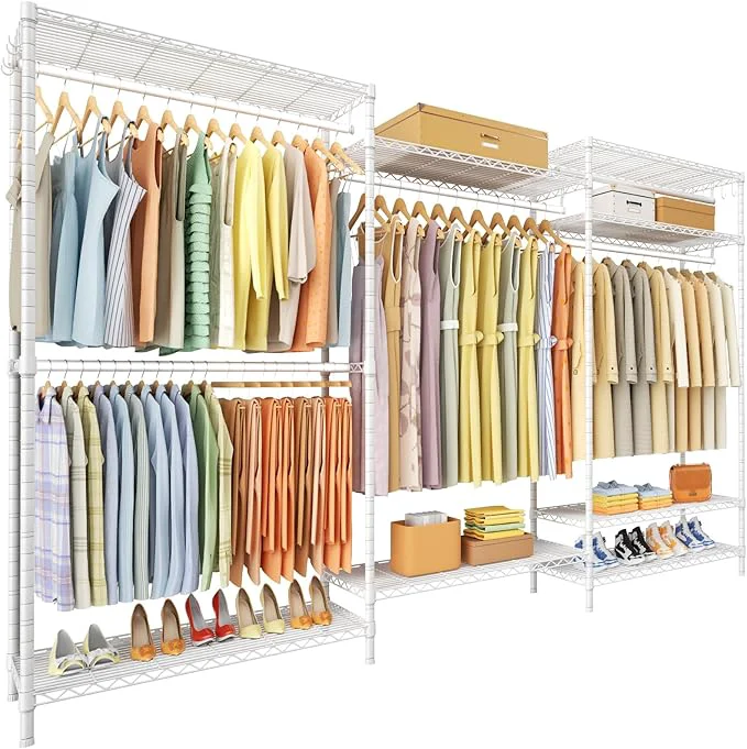 Crafted Ulif E13 Max Heavy Duty Clothes Rack（With 4 Hanger Rods 8 Shelves） standing Clothing Racks for Hanging Clothes，Adjustable Closet，Metal Garment Rack 86 W x16 D x77 H，Max Load 1100LBS，WhiteAbout ThisOverview Exceptional