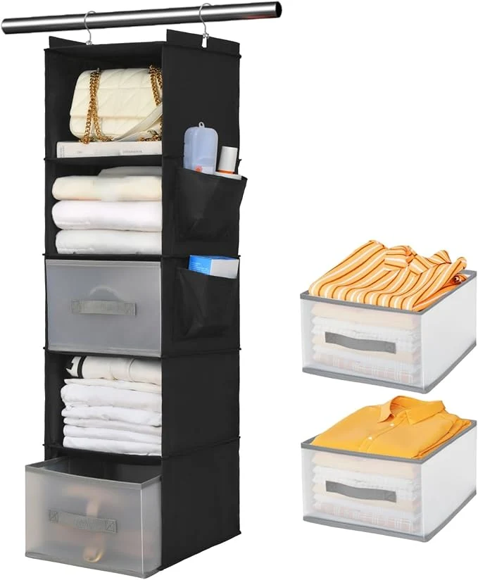 Detailed 5-layer suspended fabric shelf organizer equipped with 2 sturdy hooks 2 separate drawers and foldable hanging storage black About ThisOverview Quality