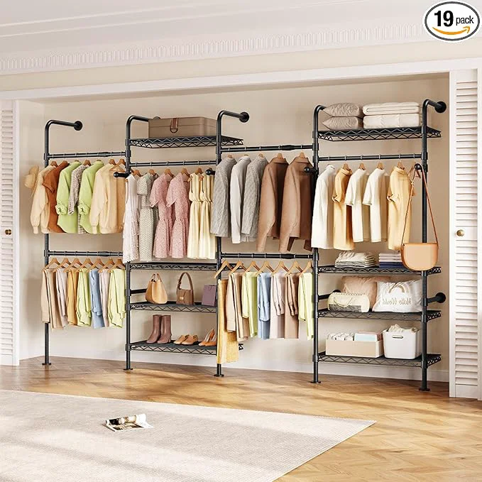 Breathable Closet Organizers and Storage 4-Row Heavy Duty Clothes Rack for Hanging Clothes Wall Mounted Closet System with 4 Telescopic Rods 2 Fixed Rods 5 Hooks 8 Shelves for Wardrobe Bedroom Small SpaceAbout ThisOverview Specialty