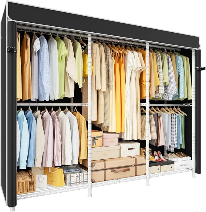 Excellent E14C Pro Heavy Duty Closet Organizer System，standing Clothing Racks for Hanging Clothes，Adjustable Garment Rack 70.1 W × 16.6 D × 76.4 H Hold 960 lbs，White Rack with Black Dustproof CoverAbout ThisOverview Reusable