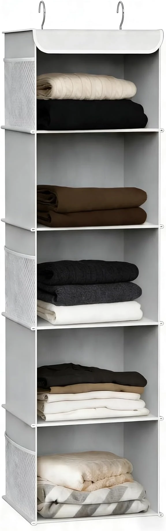 World-Class 5-Shelf Hanging Closet Organizer and Storage Closet Hanging Storage Shelves for Clothes Towels with Side Pockets and 2 Sturdy Hooks for Storage Foldable Grey About ThisOverview Modern