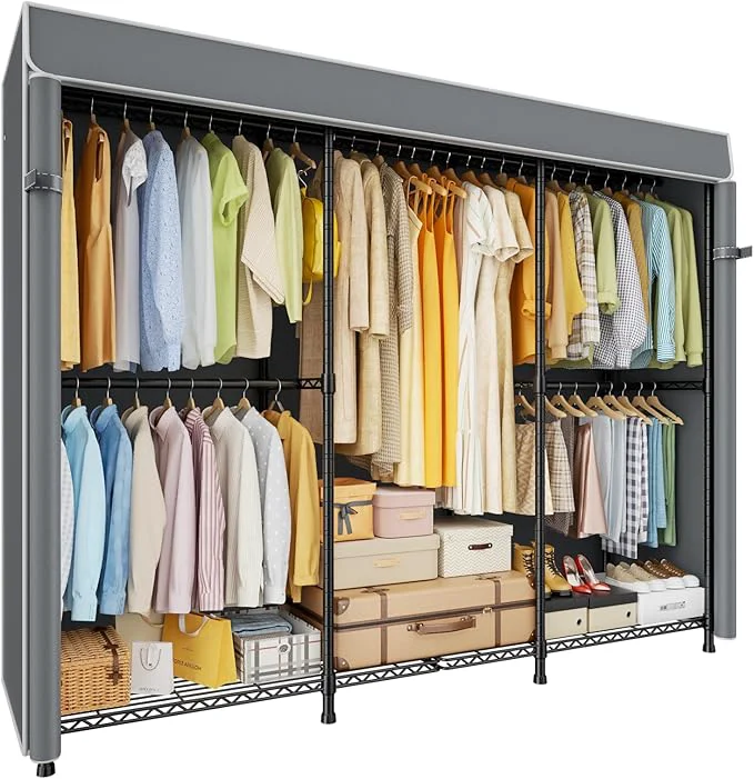 Official E14C Pro Heavy Duty Closet Organizer System，standing Clothing Racks for Hanging Clothes，Adjustable Garment Rack 70.1 W × 16.6 D × 76.4 H Hold 960 lbs，Black Rack with Grey Dustproof CoverAbout ThisOverview Contemporary