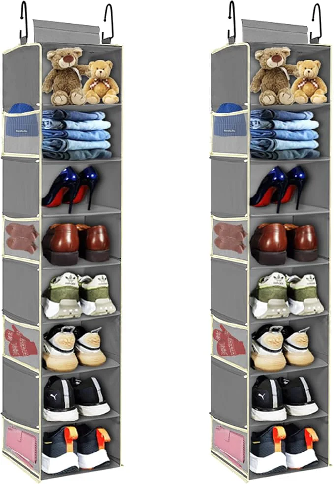 Luxury 2 Pack Large-Sized Hanging Shoe Organizer 8-Shelf Hanging Closet Organizer with 8 Side Pockets Wider Hanging Shelves for Storage Shoes Clothes 9 W × 11.8 D× 48 H Grey.About ThisOverview Dependable