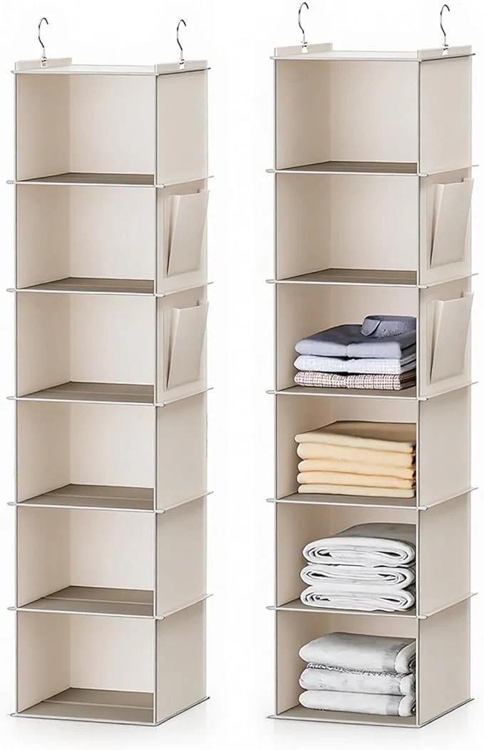 Verified 2 Pack 6-Shelf Hanging Closet Storage Strong Frame Beige Closet Organizer with Side Pockets for Clothes and Accessories Closet Organizers and Storage Solution Send Goods from Local WarehouseAbout ThisOverview Fine Crafted