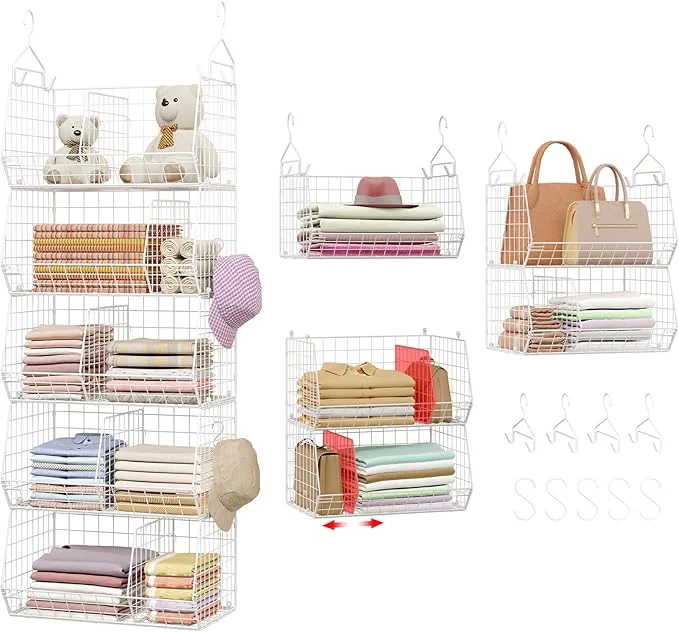 Optimized 5 Tier Extra Large Closet Hanging Shelves with Divider 2 Pair Hook 16.5 L x 11.8 W x 51.4 H Closets Organizers and Storage Clothes Organizer Clothing Sweaters Shoes Handbags Clutches Accessories-WhiteAbout ThisOverview Sustainable