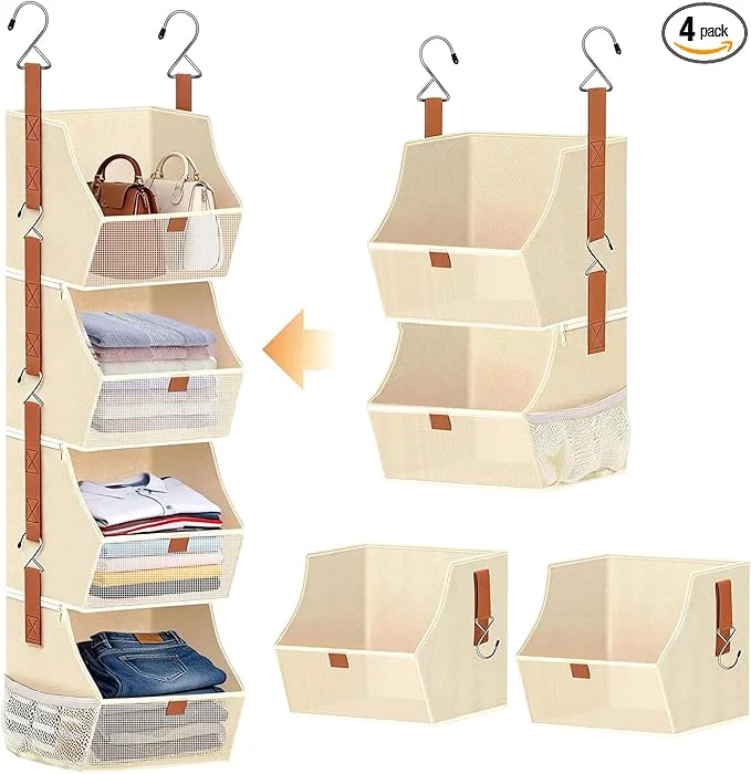 Recyclable Fabric 4 Tier Hanging Closet Organizer Heavy Duty Beige Shelf Hanging Storage Towel Clothes Sweater Jeans Bag Organizer For Closet For Bedroom Dorm RV See Through Front Panel Space-SavingAbout ThisOverview Fine