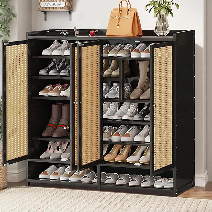 Casual Bamboo Shoe Cabinet 36-40 Pairs 8 Tier Shoe Rack with Doors stangding Shoe Cabinet Organizer with Shelves 43 Tall Shoe Rack Organizer for Entryway Closet HallwayAbout ThisOverview Smooth