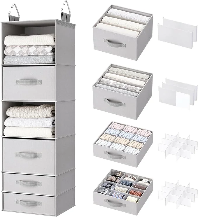 First-Class Hanging Closet Organizer with Storage Drawers Made of 600D Thickened Oxford Cloth Washable Tear-Resistant Strong Load-Bearing Without Deformation Light Gray About ThisOverview Casual