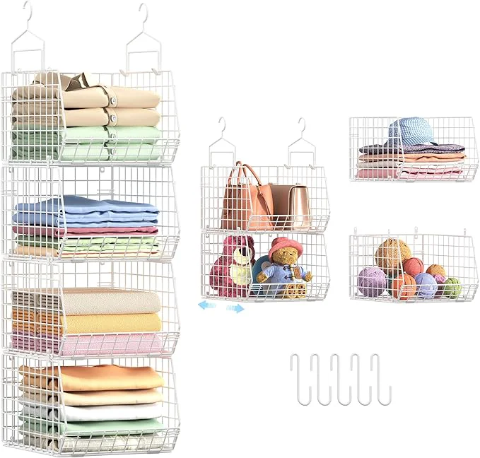 Easy-to-Use 4 Extra Deeper Foldable Hanging Closet Organizer Small Wire Cabinet Shelves and Storage with 5 S Hooks 4 Tier Metal Basket Bins for Clothes Sweaters Handbags Wardrobe for Kitchen Laundry Room，WhiteAbout ThisOverview Prestigious