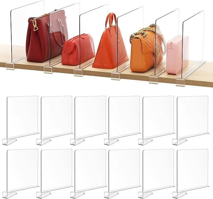 Trendy HBlife 12 Pack Clear Shelf Dividers Vertical Purse Organizer for Closet for Sweater Shirts Handbags in Bedroom and Kitchen Adjustable Acrylic Bookshelf for OrganizationAbout This Reliable