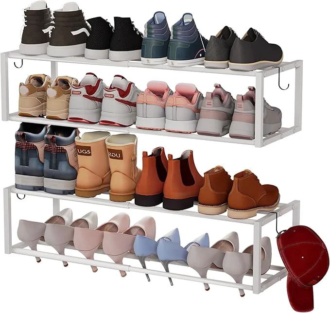 Verified 2 Pack Expandable Wall Mounted Shoe Rack 17 -31 Adjustable Hanging Shoe Rack Holds 16 Pairs Heavy Duty Metal Shoe Holder with 4 Storage Hooks Space Saving for Entryway Closet Doorway（WhiteAbout ThisOverview Natural