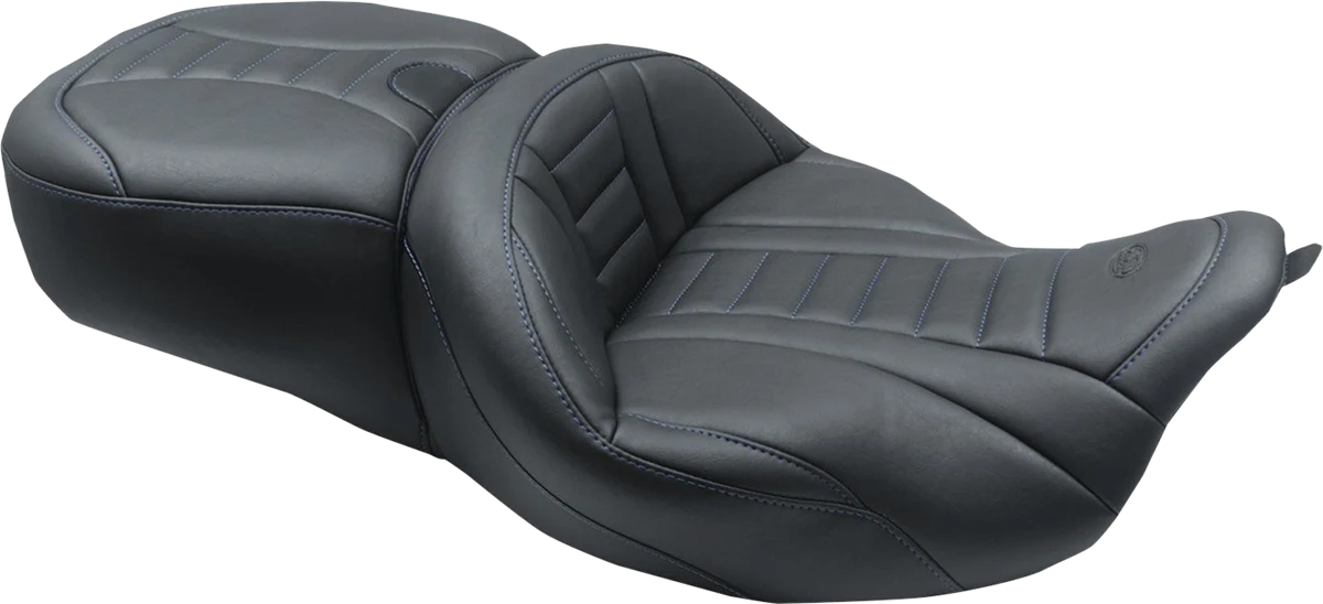 Easy-to-Use MUSTANG One-Piece Deluxe Touring Seat – Black w Sky Blue Stitching 79006SB Minimalist