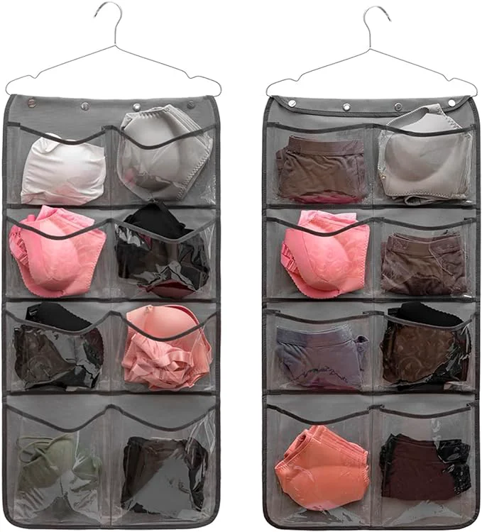 Natural Dual Sided Hanging Closet Organizer Durable Socks Stocking Clothes Bra Accessories Storage Bag With 16 Large Pockets Clear PVC Pockets About ThisOverview Contemporary