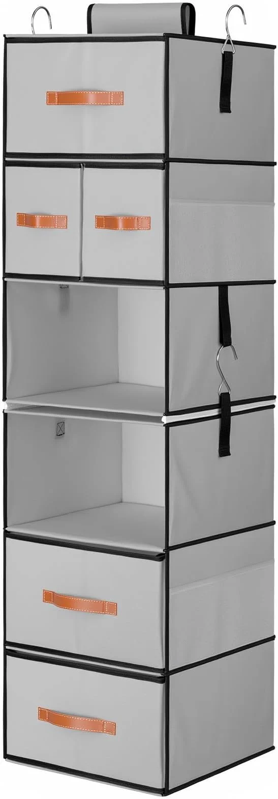 Durable Hanging Closet Organizer 6-Shelf Upgrade Hanging Shelves for Closet with 5 Removable Drawers Side Pockets Hanging Shelf Organizer for Bedroom or Garment Rack 12.6” x 12.6” x 44.1” GrayAbout ThisOverview Elegant