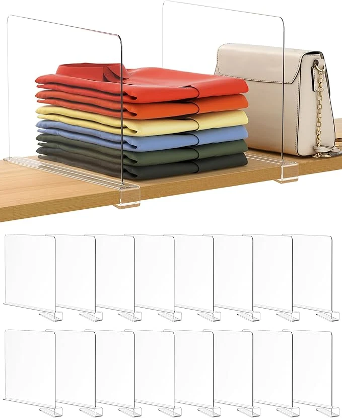 Relaxed 16 Pack 12 Inches Extra Tall Version Clear Shelf Dividers for Organization Acrylic Closet Shelf Vertical Shelves Organizer for Bedroom Kitchen and OfficeAbout This Soft