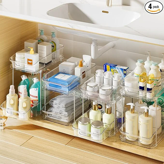Smart Delamu 2-Tier Under Sink Organizers and Storage Multi-Purpose Stackable Bathroom Cabinet organizers Pull Out Kitchen Pantry Organization and Storage with Dividers 4 Pack Clear About ThisOverview Next-Generation