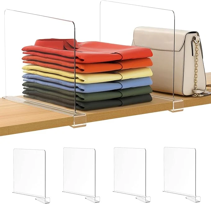 Eco-Friendly 4 Pack 12 Inches Extra Tall Version Clear Shelf Dividers for Organization Acrylic Closet Shelf Vertical Shelves Organizer for Bedroom Kitchen and OfficeAbout This Breathable
