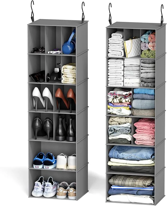 Relaxed SpaceAid 2 Pack Hanging Closet Organizer and Storage with Dividers 24 Compartments Hanging Shoe Shelves for Closet Wardrobe RV Garment Rack – GreyAbout ThisOverview Exclusive
