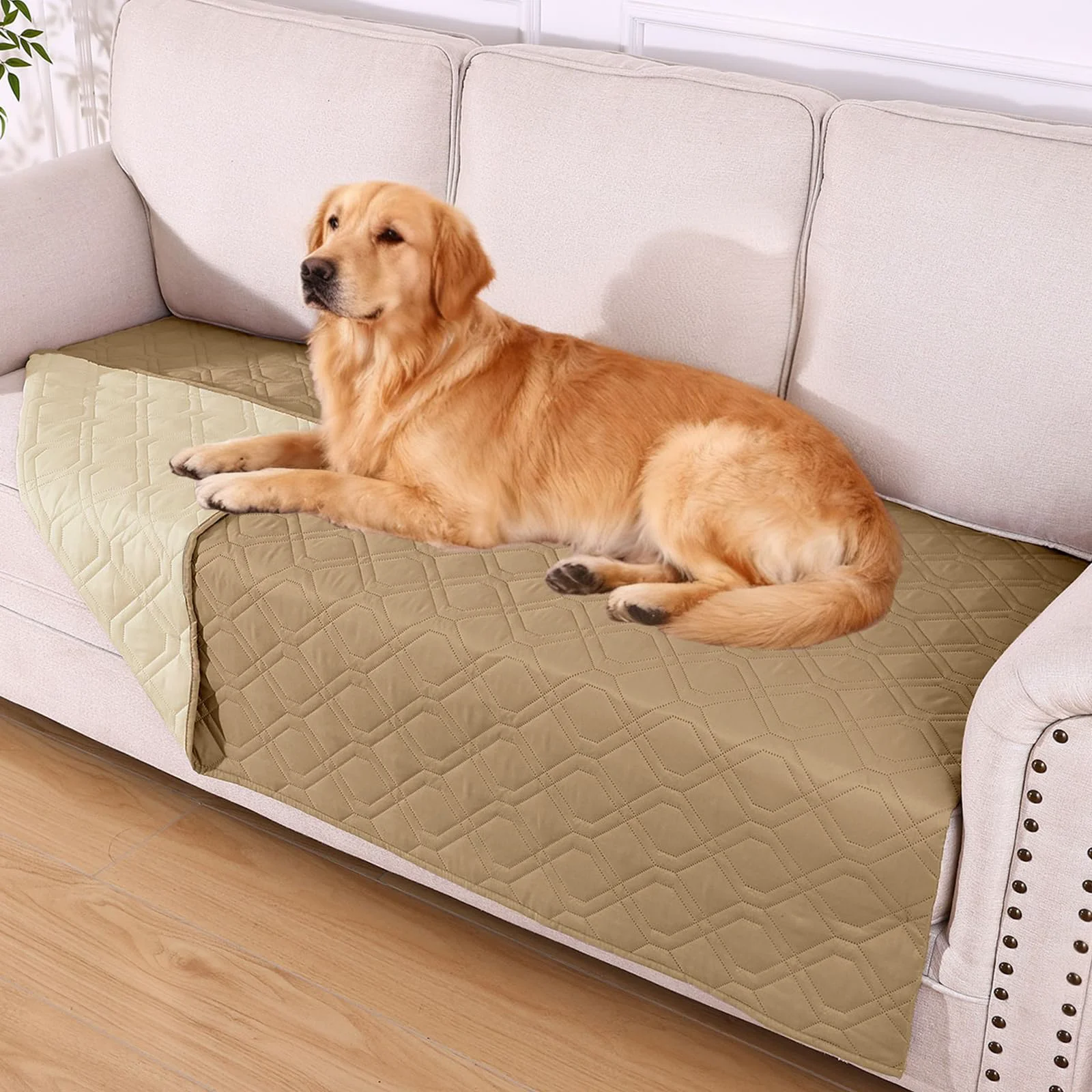 User-Friendly hyha Waterproof Dog Bed Blanket – Reversible Couch Cover for Dogs 40×90 in Camel Beige Organic