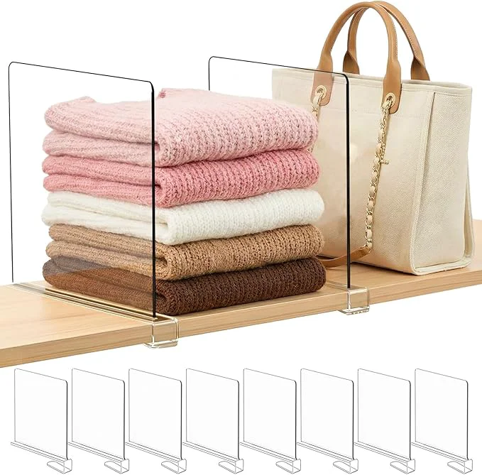Elite Purse Organizer for Closet Shelf Dividers 11-inch Tall Higher Version Adjustable Clear Acrylic Bag Storage Organizer for Handbags Sweaters Towels Jeans and Shoes on Wood Shelves 8-PackAbout ThisOverview Soft