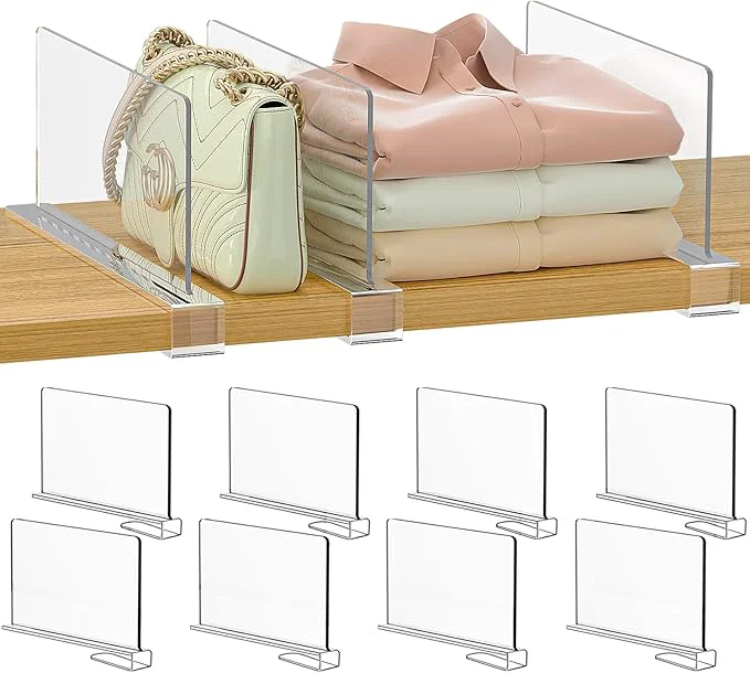 Professional Purse Organizer for Closet Shelf Dividers 6-inch Tall Shorter Version Adjustable Clear Acrylic Bag Storage Organizer for Handbags Sweaters Towels Jeans and Shoes on Wood Shelves 8-PackAbout ThisOverview Breathable