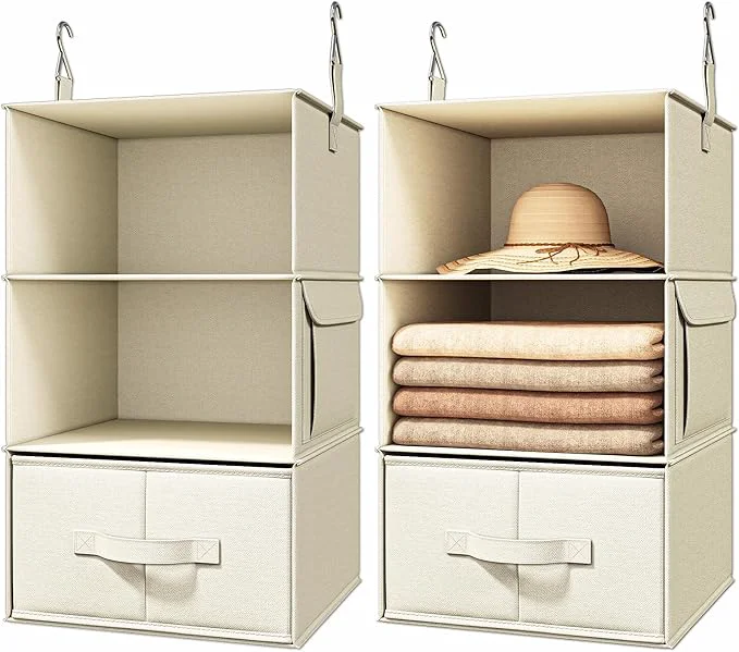Verified Vailando 3-Shelf Hanging Closet Organizer Set of 2 Hanging Shelves with 2 Drawers for Wardrobe Nursery Baby Clothes Storage and Organization BeigeAbout ThisOverview Reusable