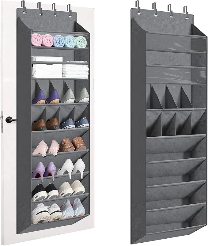 Environmentally Friendly Over The Door Shoe Organizer – 8-Shelves Hanging Shoe Rack with Exlarge Deep Pockets Behind Door Space Saving for Apartments Dorms RV Closets Anti-Slip Oxford Fabric 14-Pocket Gray About ThisOverview Breathable
