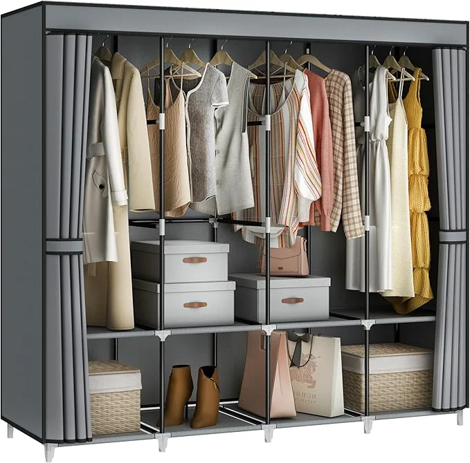 Superior Portable Closet Wardrobe 67-Inch Clothes Organizer with 4 Hanging Rods and 8 Shelves Non-Woven Fabric Cover Large Capacity Storage for Bedroom and Living Room GreyAbout ThisOverview Safe