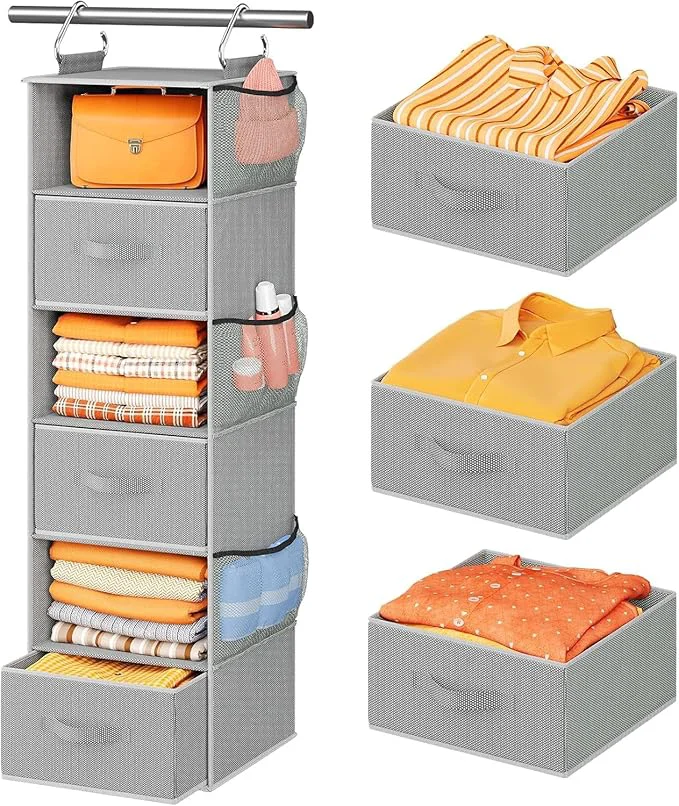 Advanced Pipishell Hanging Closet Organizer 6-Shelf Hanging Shelves for Closet with 3 Removable Drawers Side Pockets for Bedroom Garment Rack and Wardrobe Organization 12′ x 12′ x 43.3′ Dark GrayAbout ThisOverview Eco-Friendly