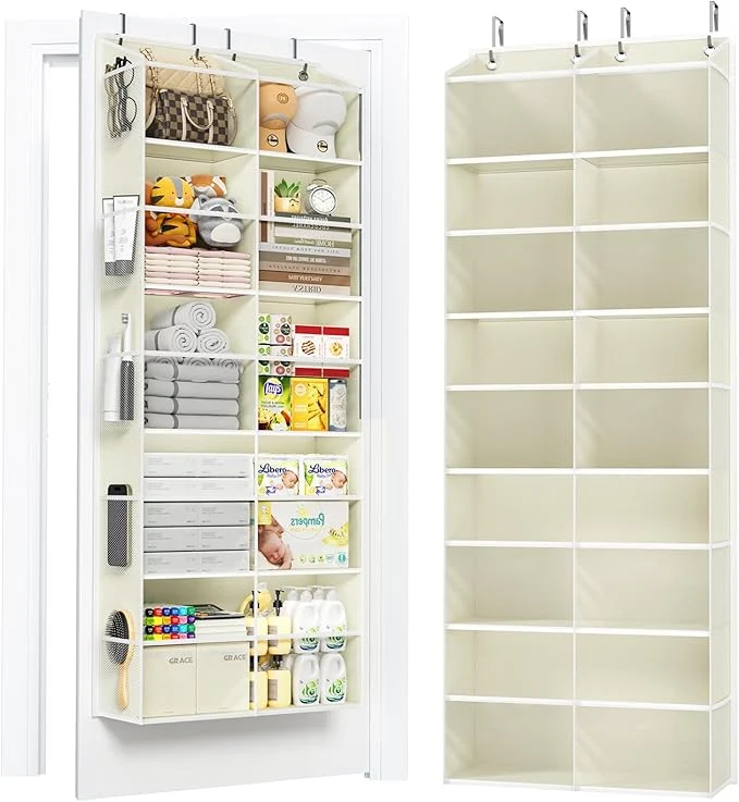 Powerful 5-Tier Over The Door Organizer with 10 Side Mesh Pockets Clear Windows 80 lbs Weight Capacity Hanging Storage for Bathroom Bedroom Nursery Kitchen Organize Shoes Diapers Clear Beige About ThisOverview Detailed