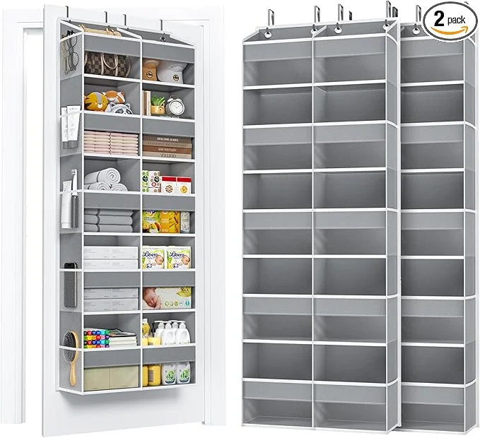 Efficient 2 Pack 5-Tier Over The Door Organizer with 10 Side Mesh Pockets Clear Windows 80 lbs Weight Capacity Hanging Storage for Bathroom Bedroom Nursery Kitchen Organize Shoes Diapers Grey About ThisOverview Next-Generation