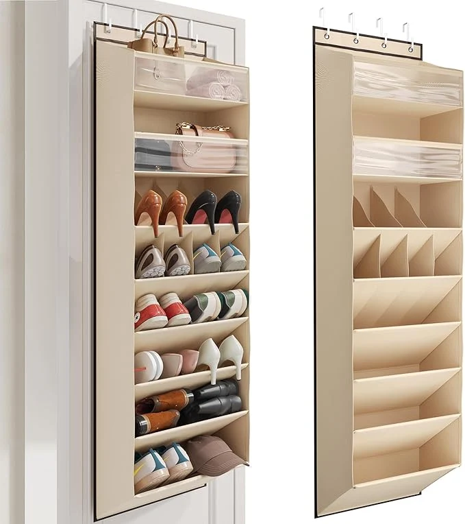 Top-Quality 16-20 Pairs Over the Door Shoe Organizer Clear Pockets Shoe Rack for Closet Door Hanging Shoe Rack for Boots Behind the Door Shoe Holder Fit All the Family’s Sneakers Boots Heels BeigeAbout ThisOverview Detailed