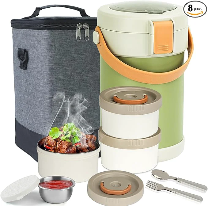 Breathable 67 oz Audult Hot Food Thermo Insulated Food Container 2L 3 Layer Insulated Lunch Box Kit Stainless Steel Vacuum Soup Food Thermo Stackable Hot Food Jar Bento Box for Men Women-GreenAbout ThisOverview High-Quality