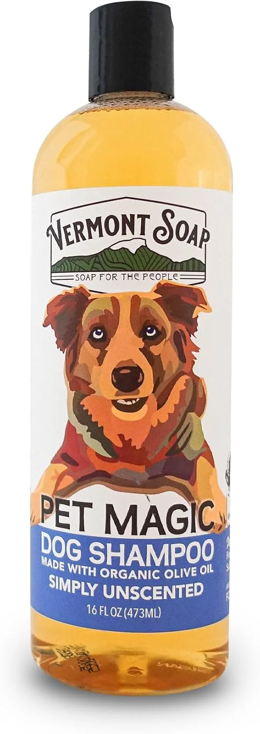 Luxury VERMONT SOAP Organics Pet Shampoo – Infused with Organic Natural Olive Oil Coconut Aloe Vera Dog Shampoo for Sensitive Skin – USDA Grooming Pet Shampoo – Unscented 16oz Safe