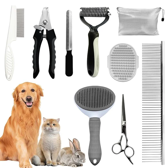 Quality Dog Brush Grooming Kit – 9-Piece Pet Brush Deshedding Set Healthy