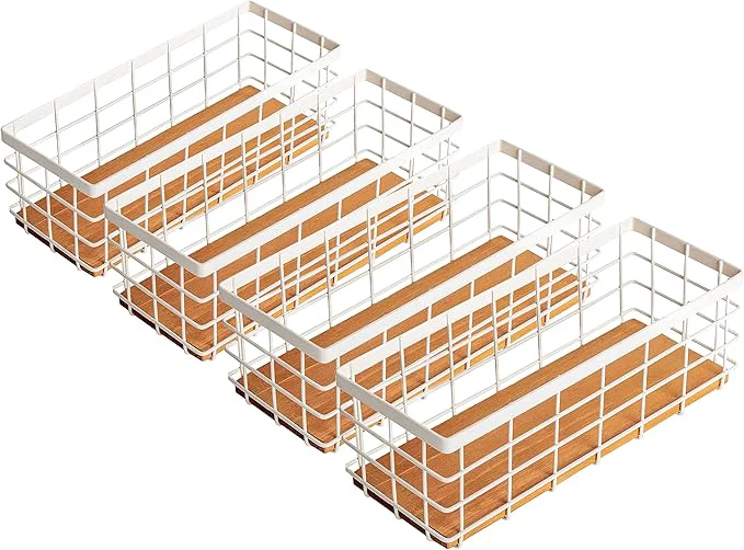 Sophisticated TIEYIPIN Small Metal Wire Storage Basket Detachable Wood Base Storage Organizer Bin Basket for Kitchen Cabinets Bathroom Pantry Garage Laundry Room Cream White 4 Pack About ThisOverview User-Friendly